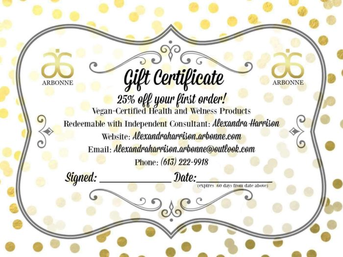 Arbonne Gift Certificate 25% off coupon