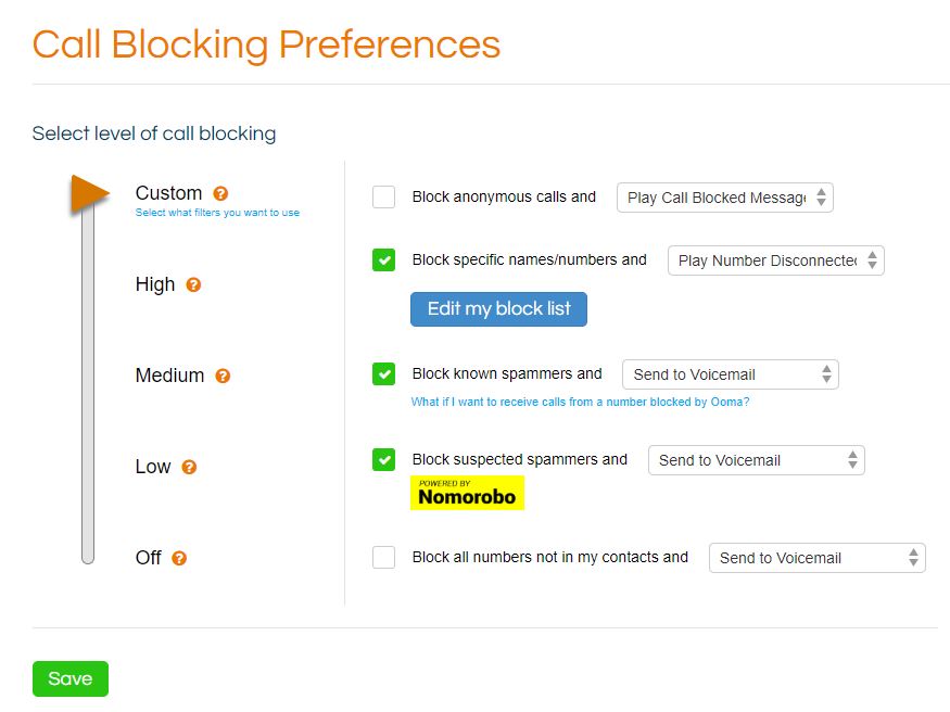 OOMA SPAM call blocking preferences