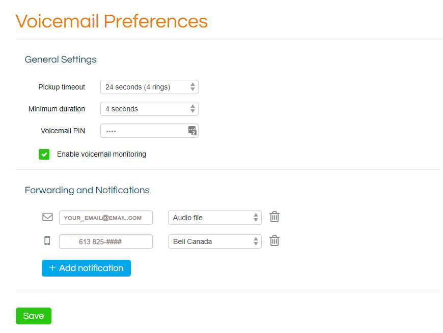 OOMA voicemail preferences